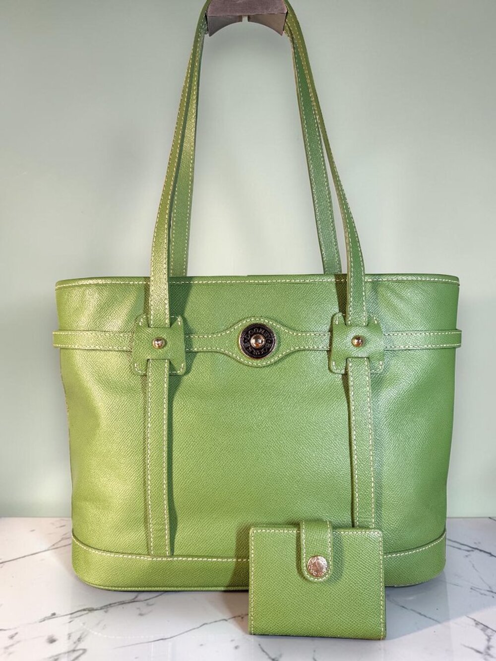 Dooney & Bourke Vintage Pebbled Green Leather Tote Bag with Matching Wallet Set